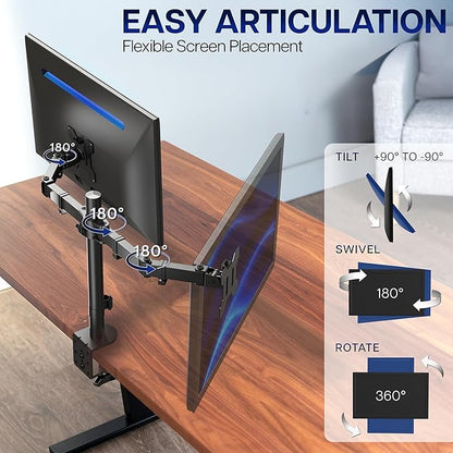 VIVO Dual Monitor Desk Mount, Heavy Duty Fully Adjustable Steel Stand, Holds 2 Computer Screens up to 24 inches and Max 22lbs Each, Black, STAND-V024
