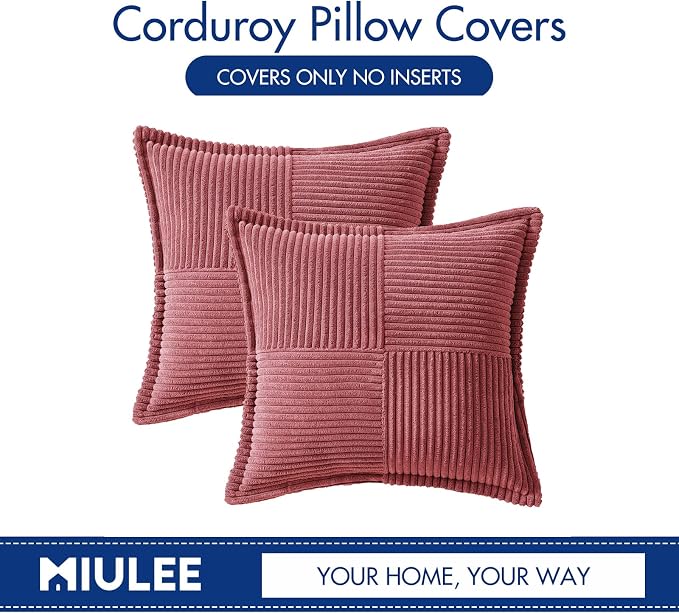 MIULEE Decorative Throw Pillow Covers for Couch Bed Livingroom 16x16 Inch Set of 2 Cranberry Red Boho Accent Throw Pllows Broadside Striped Patchwork Soft Corduroy Pillowcases