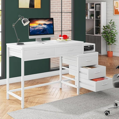 Tribesigns Computer Desk with 5 Drawers, Reversible Home Office Desks | Small Desk with Drawer Cabinet Printer Stand, PC Desk with Storage, White Study Writing Table Workstation for Small Spaces