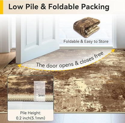 RELEANY Washable Area Rugs 4'x6' Non-Slip Modern Abstract Soft for Living Room Entryway Bedroom Kitchen, Print Pattern, Brown Tan Beige Coffee