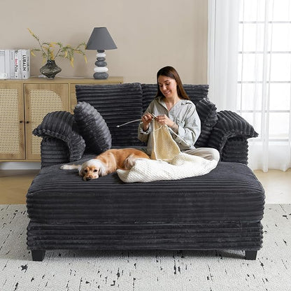 VINGLI 56" Oversized Chaise Lounge Chair, Dark Grey Comfy Corduroy Chaise Sofa Recliner Bed Upholstered Sleeper Couch Bed with Throw Pillows and Armrests for Living Room, Movie Room, Bedroom