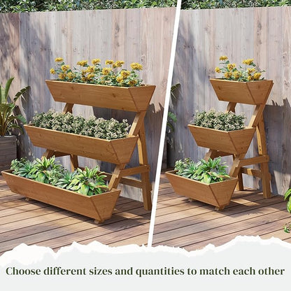 3-Tier Wooden Vertical Raised Garden Bed with Legs, Tiered Planter Box, Vertical Garden Planter,Wood Plant Stand Wood Flower Rack for Patio, Balcony, Freestanding. (Brown-Large)