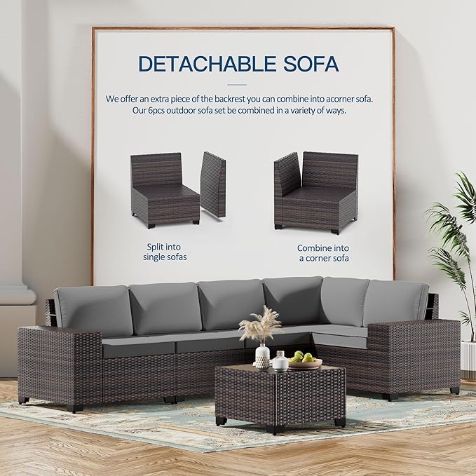 Kullavik 10 Pieces Outdoor Patio Furniture Set,PE Wicker Rattan Sectional Sofa Patio Conversation Sets with 43" 55000BTU Gas Propane Fire Pit Table,Swivel Rocking Chairs Set,Grey