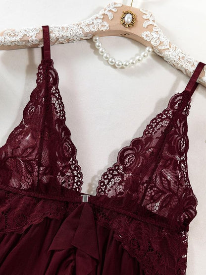 Foxiny Sexy Open Front V Neck Ruffle Sheer Mesh Lace Wireless Babydoll Lingerie Dress with Thong 2 Piece