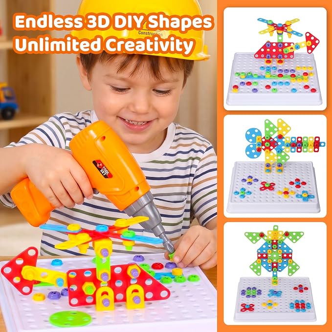 STEM Drill & Build Kit for Kids Ages 3-8 | Electric Toy Drill with 193+ Pieces (Screws, Nuts, Rainbow Fasteners) | Creative Design Construction Toys for Boys Girls | Gift for Birthdays, Christmas