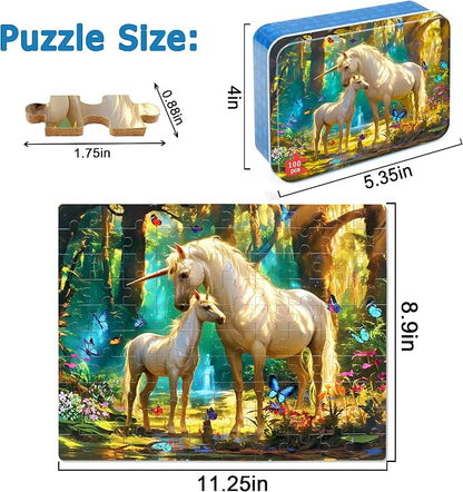 LELEMON Puzzles for Kids Ages 4-6,Unicorn 100 Piece Puzzles for Kids Ages 4-8 in a Metal Box,Educational Jigsaw Puzzles 100 Piece Puzzle Games Puzzle Toys for Girls and Boys