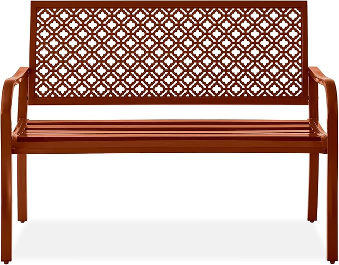 Best Choice Products Outdoor Bench 2-Person Metal Steel Benches Furniture for Garden, Patio, Porch, Entryway w/Geometric Backrest, 790lb Capacity - Rust