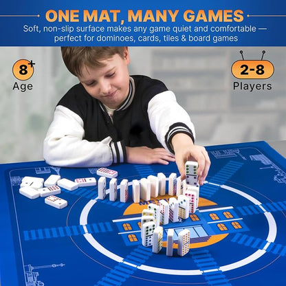 Queensell Mexican Train Dominoes Play Mat, 32" x 32" Non-Slip Gaming Surface, Mexican Train Accessories with Storage Bag, Printed Train Station Playfield, Easy to Clean & Roll Up