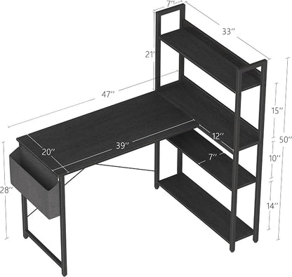 Treesland 47 Inch Computer Desk with Bookshelf, Corner Desk with Storage, L Shaped Desk, Home Office Desks, Writing Study Desk for Bedroom, Black