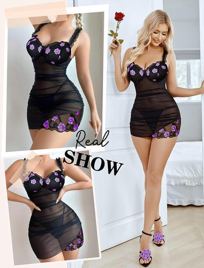 Avidlove Lingerie for Women Mesh Babydoll Lingeries Lace Chemise Floral Sleepwear Dress Sheer Exotic Boudoir Outfit S-XXL
