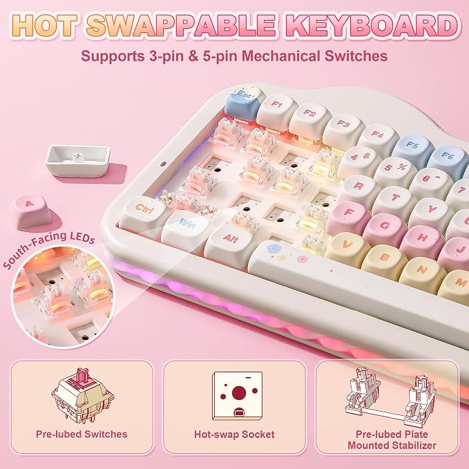 YUNZII C75 Cute 75% Wireless Mechanical Keyboard (Beige, Milk Switch) | Creamy Cake Keyboard, BT5.0/2.4G/USB-C, Hot-Swap, NKRO, PBT MOA Keycaps,5500mAh RGB Gasket Mount for Mac/Win/Gaming/Office