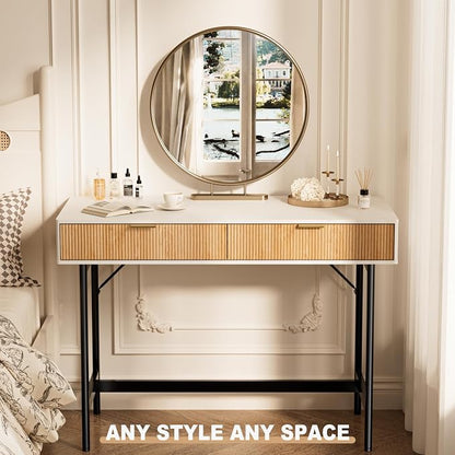 INNOD 45 Inch White Desk with Drawers, Small Writing Desks for Bedroom, Fluted Cute Desk with Storage for Vanity, Wood Computer Table for Living Room Small Spaces Home Office Study
