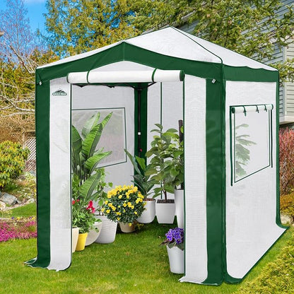 EAGLE PEAK 8x6 Portable Walk in Greenhouse with Polyester Reinforced Corners, Instant Pop Up Indoor Outdoor Gardening Green House, Roll Up Zipper Entry Doors and Mesh Windows, Green/White