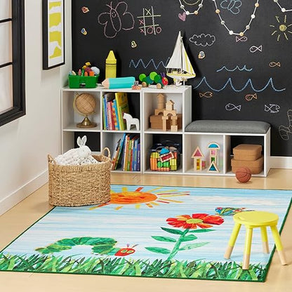 Eric Carle Home Dynamix The Very Hungry Caterpillar Elementary Sun Scene Kids Machine Washable Area Rug, Blue/Green, 35"x51"