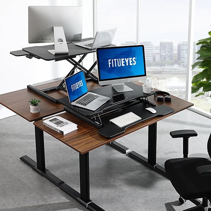 FITUEYES Height Adjustable Standing Desk 32” Wide Sit to Stand Converter Stand Up Desk Tabletop Workstation for Dual Monitor Riser FSD308001WB