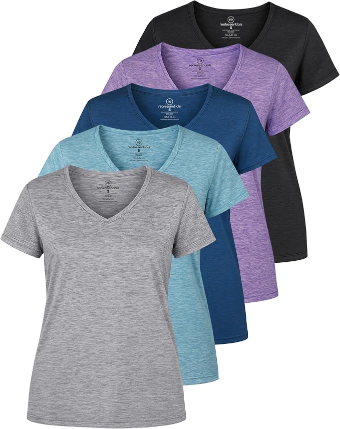 5 Pack Women's Dry Fit V Neck Workout Tops T Shirts Athletic Gym Yoga Tees | Available In Plus Size, Cooling Moisture-Wicking, Short Sleeve, Quick-Dry, Fitness, Stretch, Exercise, Running, Hiking
