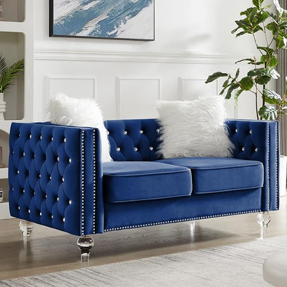 mikibama Velvet Loveseat with Buttons and Square Arms 59 Inch Tufted Sofa with Trimmed Nailhead and Metal Legs Loveseat Couch for Living Room, Bedroom (Navy Blue-Crystal Legs, Loveseat + Sofa)