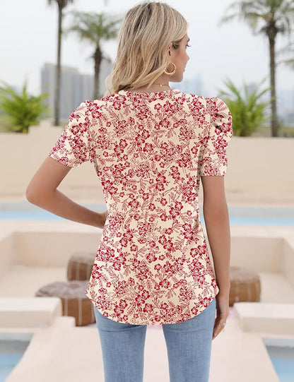 Ivicoer Puff Short Sleeve Shirt for Women Eyelet Tops Summer Crewneck Blouse Loose Fit S-XXL