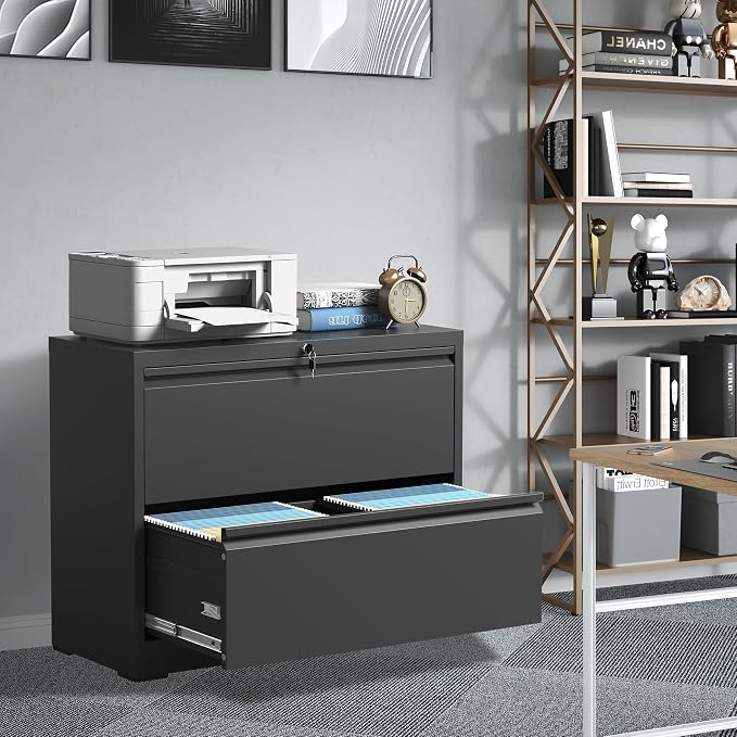 File Cabinets 2 Drawer,Metal Office Storage Filing Cabinet with Lock,Black Lateral Filing Cabinet for Home Office,Horizontal 2-Drawer File Cabinets for Legal/Letter/A4,Assembly Require,Black