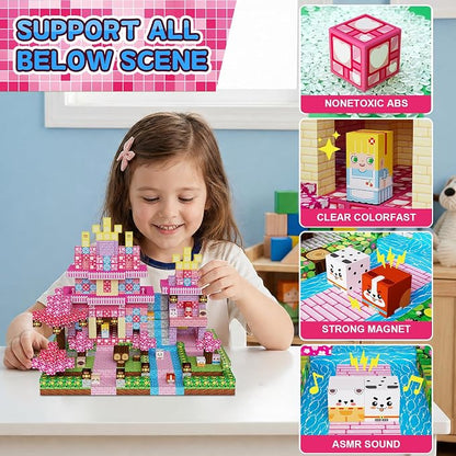 300PCS Magnetic Blocks Building Toys for Kids - 0.8in Magnet Cubes Cherry Blossom Forest Theme Toddler Toys, STEM Preschool Educational Sensory Construction Set, Birthday Gifts for Boys Girls Age 3-8