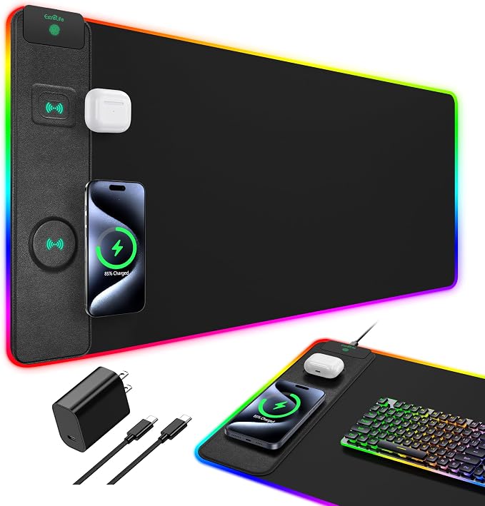 Mouse Pad with Wireless Charging, RGB Gaming Desk Mat, 31.5"x15.7" Large XXL Desk Pad, 15 Lighting Modes, Non-Slip Mouse Mat, Waterproof Computer Keyboard Pad, Black with 20W PD Power Adapter