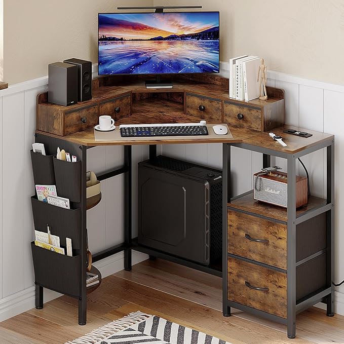 VENNQD Corner Desk with 6 Fabric Drawers Shelves for Small Space Computer Desk with Power Outlets,Gaming Desk with Printer Monitor Stand Storage for Home Office Workstation Writing Table Brown