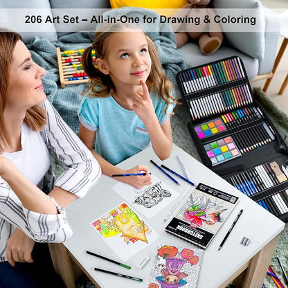 KALOUR 206 Drawing Set Sketching Kit,Art Supplies with 3-color Sketchbook & Coloring Paper,Include Tutorial, Colored, Graphite, Charcoal, Watercolor & Metallic Pencil,for Artists Adults Teens Beginner