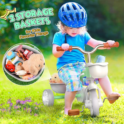 Kkdi Toddler Tricycle for 1-3 3-5 Year Olds, 2 3 4 5 Year Old Girl Boy Birthday Gifts, Toddler Baby Bike, 4-Level Adjustable Seat, 3 Color Light Wheels, 2 Baskets, Outdoor Riding Toys for Ages 2-4