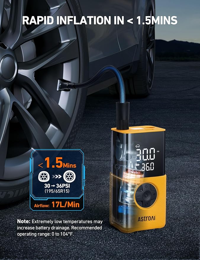 AstroAI L7S Tire Inflator Portable Air Compressor Cordless with Digital Pressure Gauge, 150 PSI LED Light Bike Air Pump with Fast Inflation & Auto Shut-Off for Car Tires,Motorcycles,Bikes,Balls,Yellow