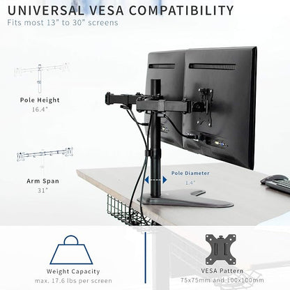 VIVO Dual 13 to 30 inch Monitor Free-Standing Mount, Fully Adjustable Desk Stand, Holds 2 Flat or Curved Display Screens, STAND-V102F