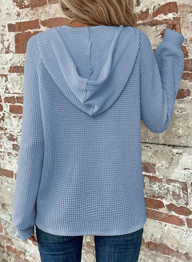 Dokotoo Hoodies for Women Waffle Knit Long Sleeve Drawstring Button V Neck Casual Sweatshirt Hooded Tops Fashion Clothing