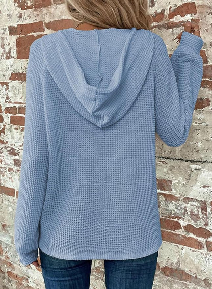 Dokotoo Hoodies for Women Waffle Knit Long Sleeve Drawstring Button V Neck Casual Sweatshirt Hooded Tops Fashion Clothing