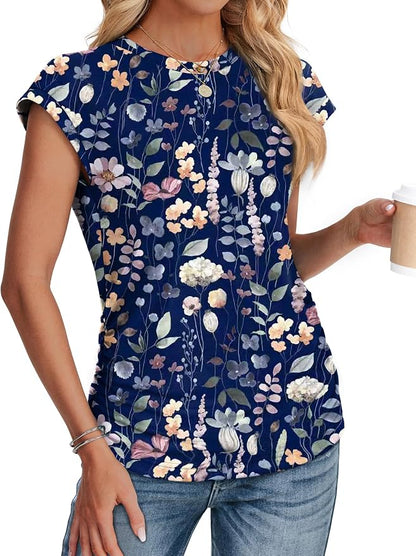 Sampeel Womens Summer Tops Trendy 2026 Ruched Cap Short Sleeve Tshirts Shirts Crew Neck T Shirts Fashion