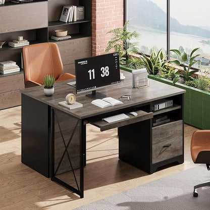 Bestier 47" Office Desk with Drawers, Industrial Computer Desk with Drawer, Reversible Teacher Desk with Storage & Keyboard Tray for Small Space Home Office & Studio, Gray Wash | 47 Inch Desktop With File Drawer, Open Storage, Keyboard Tray And Reversi...