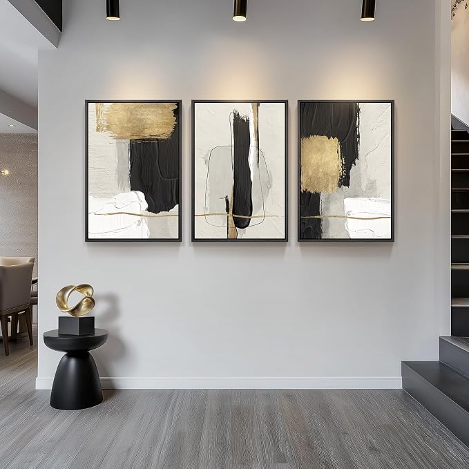 Large Framed Black and White Abstract Wall Art for Living Room, 3 Piece Big Canvas Prints Paintings Artwork for Walls, Modern Minimalist Black Gold Pictures for Hallway Office Wall Decor 24x36 Inch