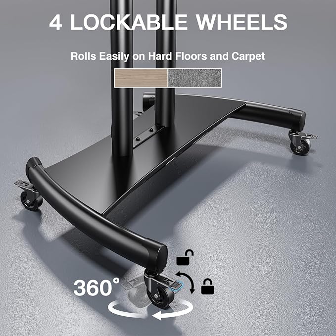 PERLESMITH Mobile TV Stand for 55-90 Inch Flat/Curved Screen TV Max VESA 800x500mm Outdoor TV Cart with Height Adjustable AV Shelf- UL Certificated Rolling Floor TV Stand Holds up to 200Lbs (PSTVMC07)