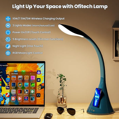 Modern Heavy Duty Bright LED Desk Lamp for Home Office, Wireless Charging, Touch Table Lamp, Adjustable Neck & Height, 5 Brightness Level, 3 Light Temps, 56 LEDs & 4 Years Lifespan (Gray)
