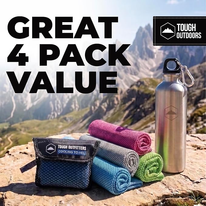 Tough Outdoors Cooling Towel - Cooling Towels for Neck & Face - Ice Wrap & Sweat Rag for Camping Gym Yoga & Sports - Workout Towel for Gym Sweat - Cool Towels for Extreme Heat - 4 Pack