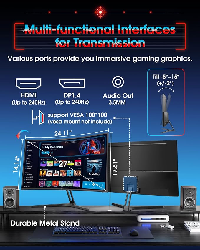 SANSUI 27 Inch Curved 240Hz Gaming Monitor FHD 1080P, 1500R Curve Computer Monitor, 130% sRGB, 4000:1 Contrast, HDR, FreeSync, MPRT 1Ms, Low Blue Light, HDMI DP Ports, Metal Stand, Cable Incl.