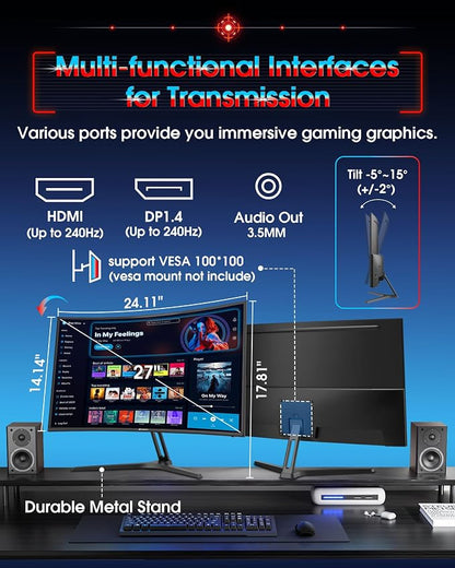 SANSUI 27 Inch Curved 240Hz Gaming Monitor FHD 1080P, 1500R Curve Computer Monitor, 130% sRGB, 4000:1 Contrast, HDR, FreeSync, MPRT 1Ms, Low Blue Light, HDMI DP Ports, Metal Stand, Cable Incl.