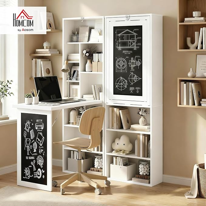 HOMCOM Foldable Convertible Writing Table Space-Saving Computer Desk White | Wall Mounted Design, Chalkboard, Storage Shelves, for Small Spaces, Home Office, Bedroom, Dorm, Apartment