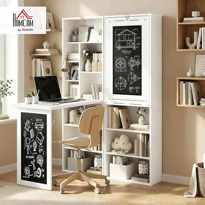 HOMCOM Foldable Convertible Writing Table Space-Saving Computer Desk White | Wall Mounted Design, Chalkboard, Storage Shelves, for Small Spaces, Home Office, Bedroom, Dorm, Apartment