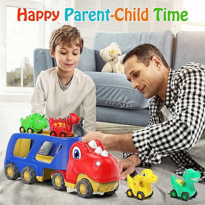 Veslier Toddler Car Toy for 2 3 4 5 Years Old, Dinosaur Transport Carrier Truck with 4 Pack Small Pull Back Dino Car, Friction Power Vehicle Christmas Birthday Gift for 18M+ Kids Boys Girls