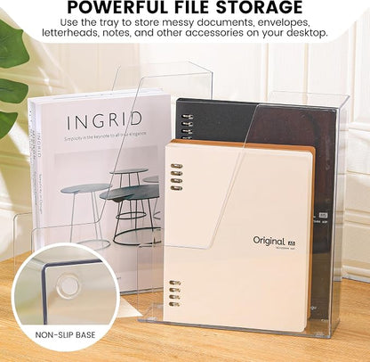 CiWiVOKi Vertical File Holder, Clear PET Desk Organizer and Storage Bins Holding for Magazines, Binders, Notebooks, Envelopes, Multi-purpose Plastic Document Organizer for Home Office, 4 pack