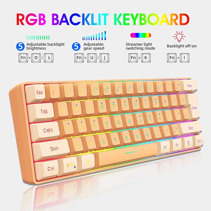 Snpurdiri 60% Wired Gaming Keyboard, RGB Backlit Ultra-Compact Mini Gaming Keyboard for PC/Mac Gamer, Typist, Travel (Cream and Orange) | Backlit Ultra-Compact Mini Gaming Keyboard for PC/Mac Gamer, Typist, Travel