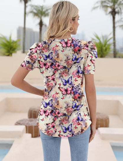 Ivicoer Puff Short Sleeve Shirt for Women Eyelet Tops Summer Crewneck Blouse Loose Fit S-XXL