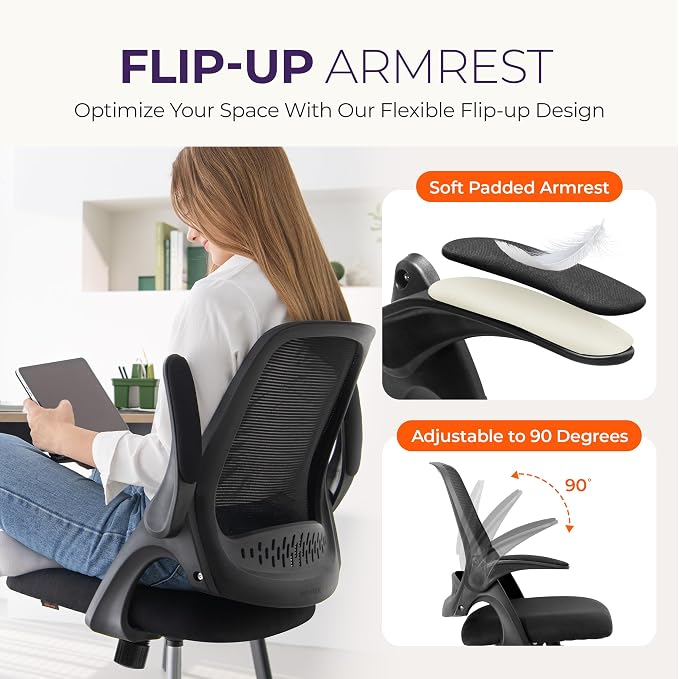NEO CHAIR Office Desk Chair Computer Gaming Ergonomic Lumbar Back Support with Flip-up Padded Armrest Adjustable Height and Wheels for Home Vanity Bedroom Study (All Black) | Lumbar Support, Height Adjustment, 360° Swivel and Rolling Base, Space-Saving...