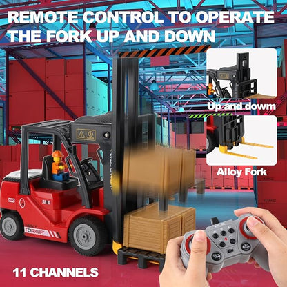 RC Forklift with Trailer, 2 in 1 Transform Lift Fork & Hook, Kids Forklift Toy with Light & Sound & Spray, 11 Channel Remote Control Forklift, Construction Vehicles Toy Gift for Kids 6+ (Red)