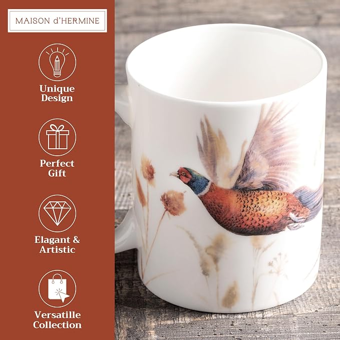 Maison d' Hermine Coffee Mug with Handles Tea Cups (12 Ounce, Pack of 1) | Fine Bone China Coffee Mugs for Hot Beverages Cappuccino Latte Home Restaurant Spring Summer -Faisan D'Automne - Vol Libre