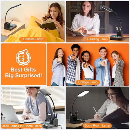 Wireless Charging Desk Lamp USB Charging & Pen Holder, Matte Black | CRI 95, 800LM, Stepless Dimming, 3 Modes, 360°Flexible Arm, Touch, Study Table Lamp for Home Office, Dorm Room, with Adapter